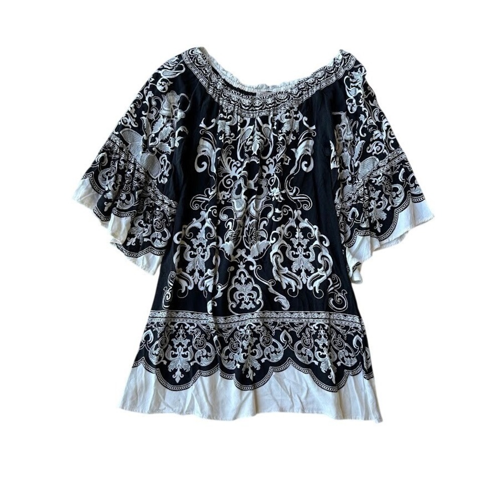 Flying Tomato Black White Damask Paisley Bell Sleeve Off Shoulder Tunic Top L